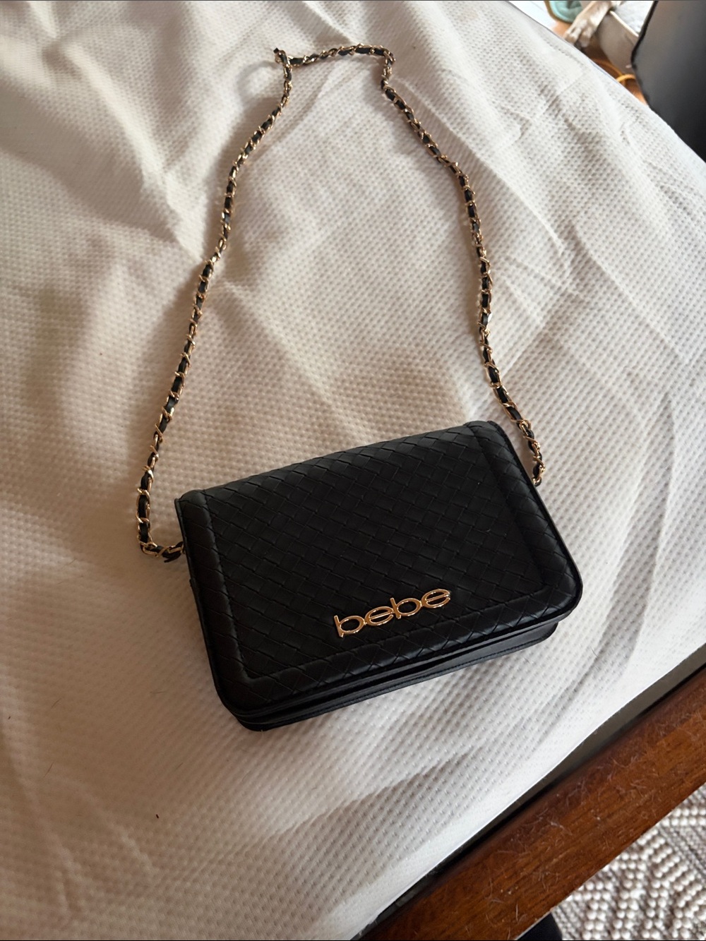 bebe Black Quilted Crossbody with Gold Chain Strap
